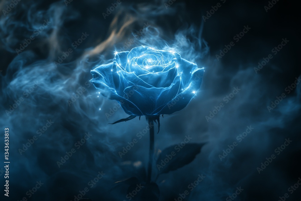 Aufkleber glowing blue rose surrounded by wisps of mist in a dark setting at twilight