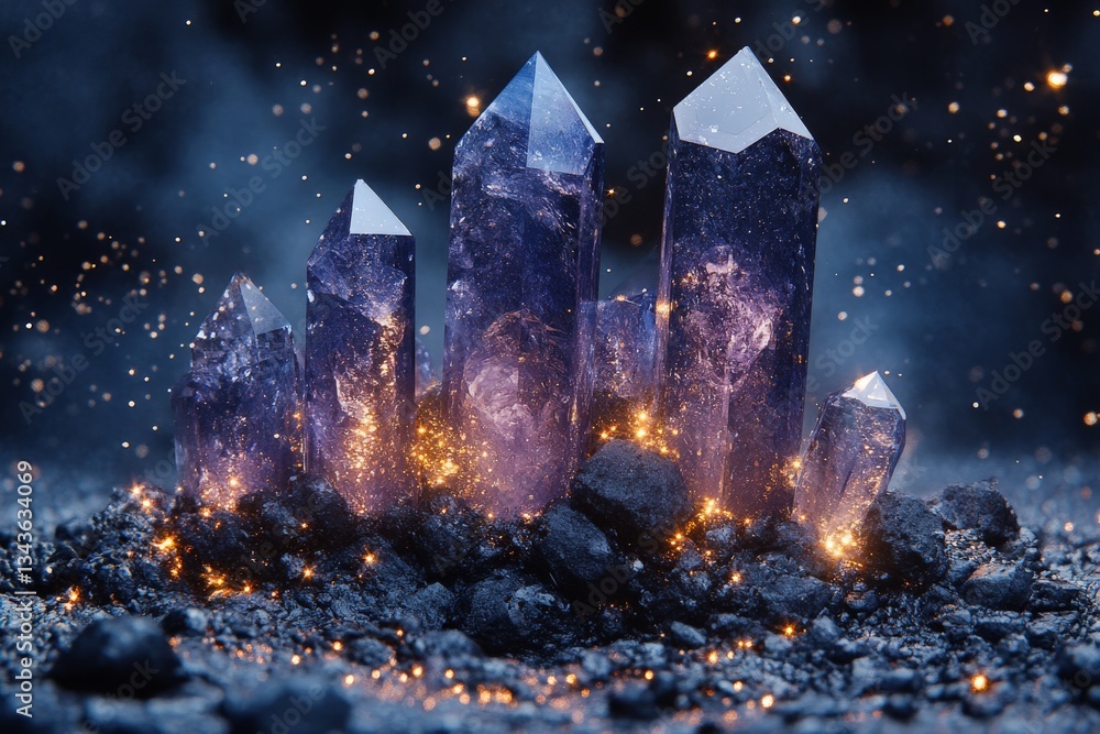 Aufkleber beautiful amethyst crystals emerge from dark rock with sparkling particles in a mystical setting