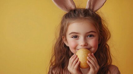 Girl with Bunny Ears Holding Yellow Egg on Bright Yellow Background