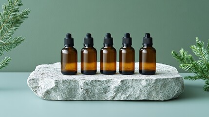 Amber Bottles on Stone, Green Backdrop