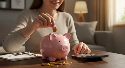 Woman Saving Coins In A Pink Piggy Bank At Home, Save Money