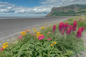 A scenic view of a beach with colorful flowers and a cliff in the background under a cloudy sky