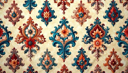 Intricate paisley floral damask pattern in muted tones, wallpaper, background