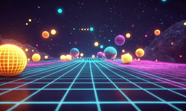 Futuristic 3D render of neon spheres floating in a digital landscape with grid pattern and vibrant colors, creating an otherworldly atmosphere
