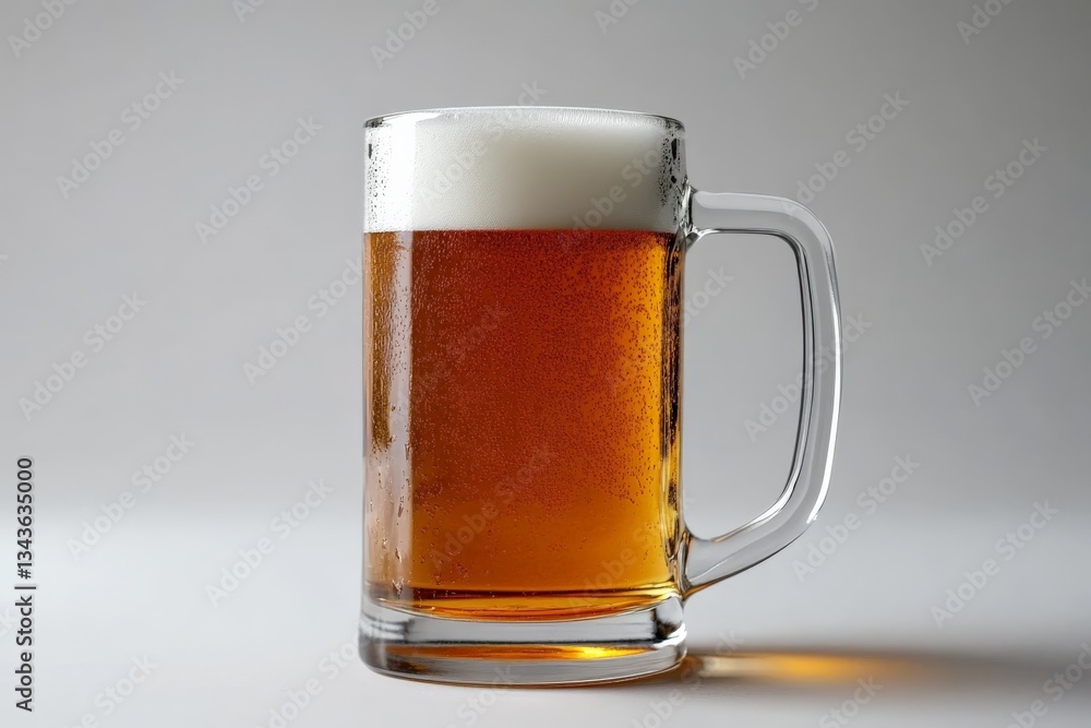 Poster cold beer served in a glass mug with foam and condensation in a neutral background