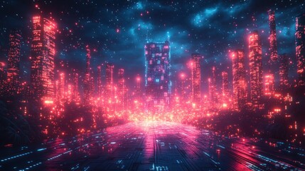 Fototapeta premium Neon city road at night, futuristic metropolis, glowing skyscrapers, digital rain