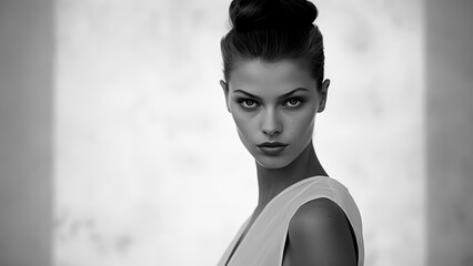 Scene from a modern commercial. The stern look of a woman. Image for an advertisement for a women's brand. Image to attract attention in banner ads. Generated AI.
