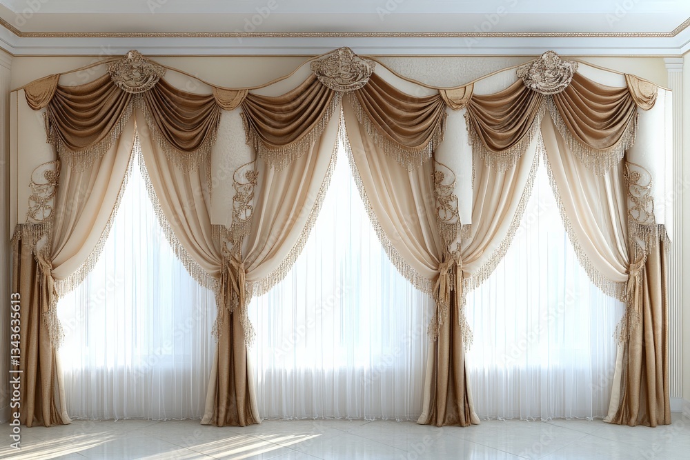 Poster Elegant drapery enhances the light in a luxurious interior setting with intricate detailing and soft textures