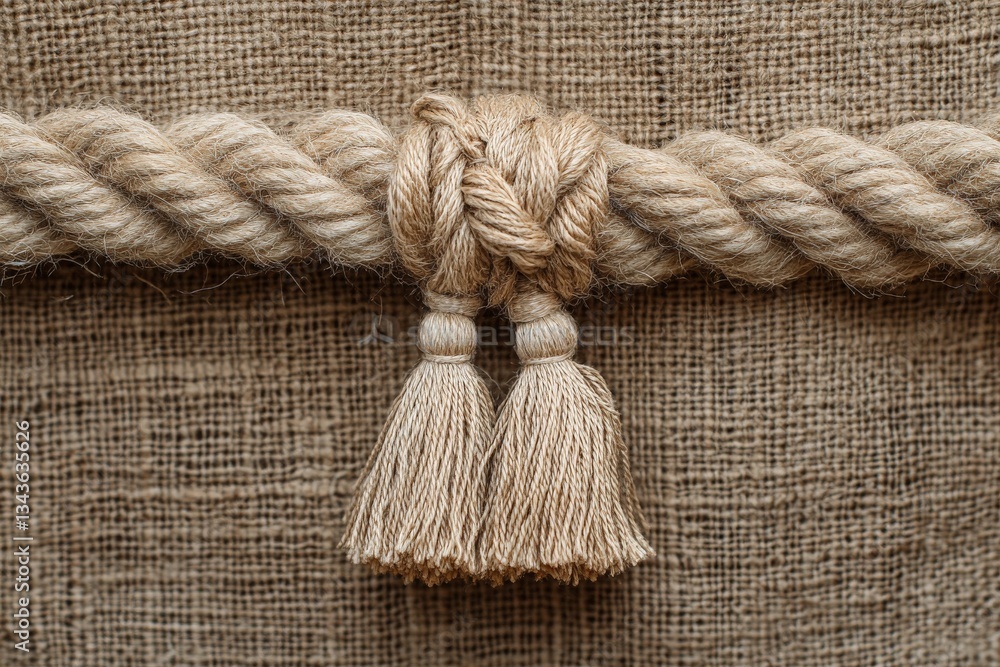 Poster natural fiber rope knot tied with decorative tassels on a textured burlap background in soft lightin