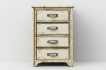 Vintage nightstand with four drawers in a weathered finish, ideal for bedroom decor and storage solutions