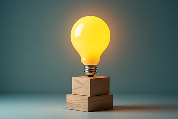 Illuminating light bulb display on wooden blocks studio photography minimalist close-up concept