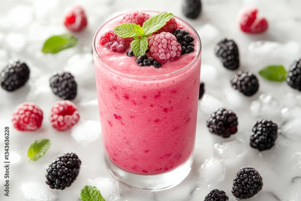 Aufkleber refreshing berry smoothie in a glass with ice and fresh fruits on a white surface