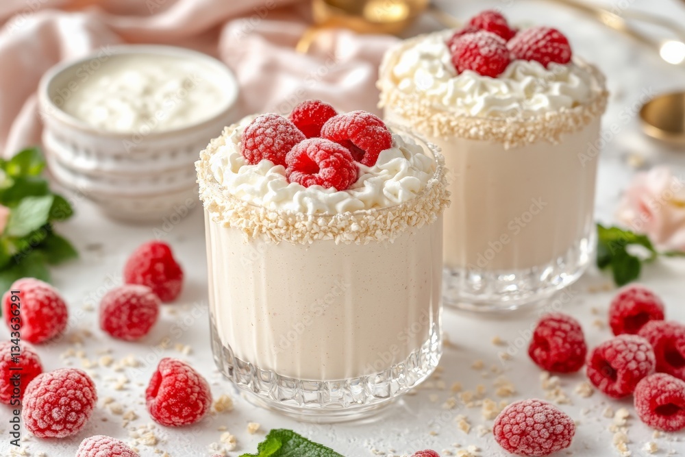 Poster delicious raspberry dessert served in elegant glasses with whipped cream and oats during a sunny aft