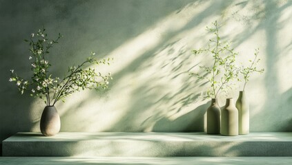 Muted green aesthetic, natural light, subtle floral arrangements