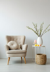 Spring living room with design armchair, furniture, vase with flowers, easter decorations.