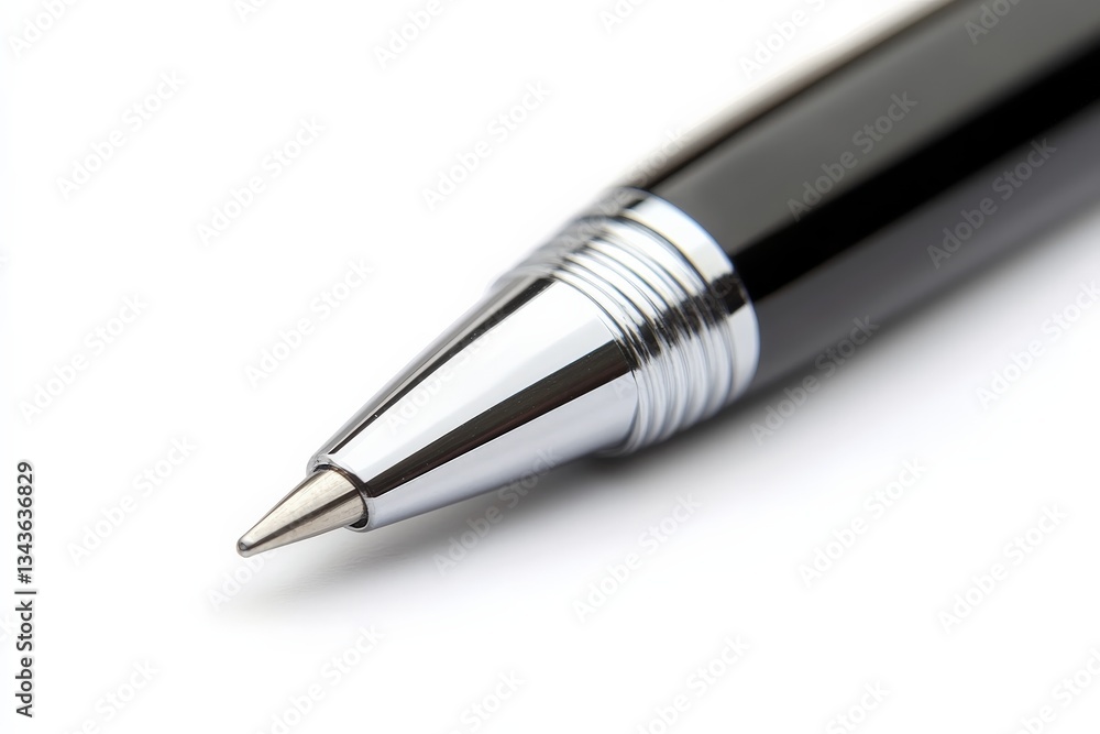 Poster close-up view of a sleek black pen showcasing its polished metal tip and smooth design for writing a