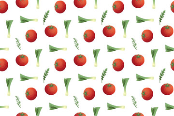 Seamless pattern with drawn vegetables. Tomato, leek, rosemary. Vegan and healthy food. Farm organic products. Vector background.