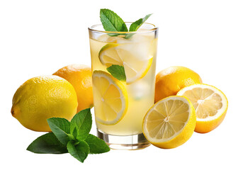 Refreshing Lemonade with Ice and Mint Leaves - A glass of fresh homemade lemonade with ice cubes, lemon slices, and mint leaves, surrounded by whole and sliced lemons on a white background.  
