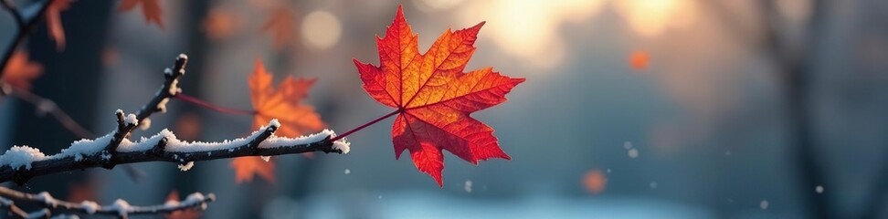 Obraz premium A single maple leaf clinging to its branch on a frosty morning, delicate, winter, maple