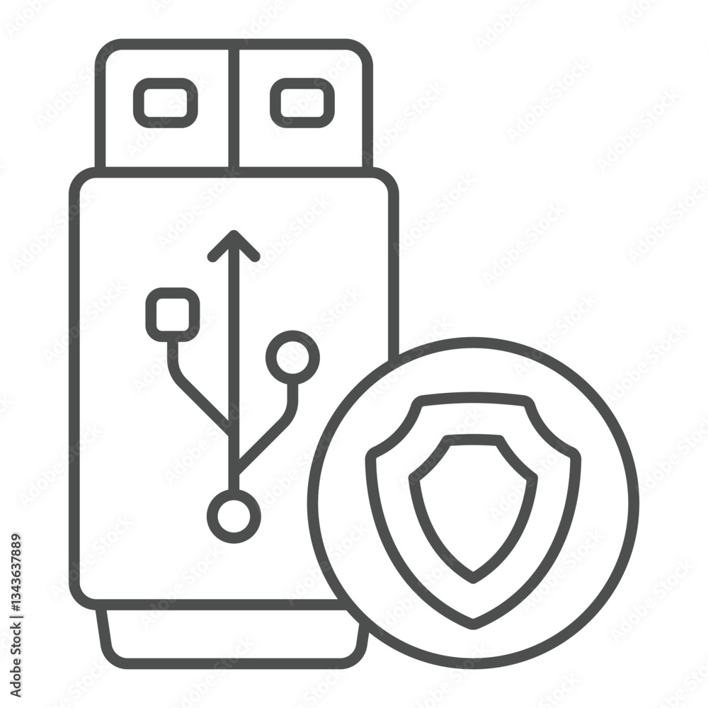 Poster flash drive with emblem thin line icon, data storage concept. vector graphics. portable disk drive s