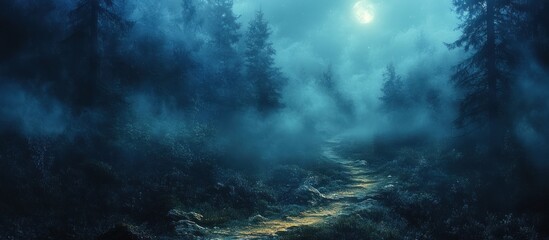 Moonlit foggy path through dark forest at night