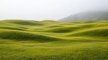 Fototapeta premium Serene Green Hills under Misty Sky in Tranquil Landscape of Lush Vegetation and Rolling Terrain
