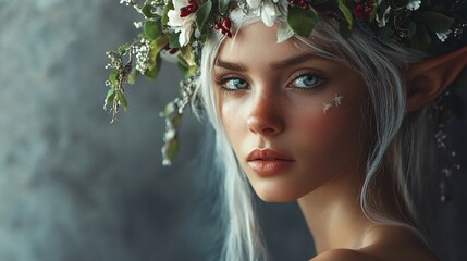 Stunning Elf Woman Portrayed on Elegant Grey Background