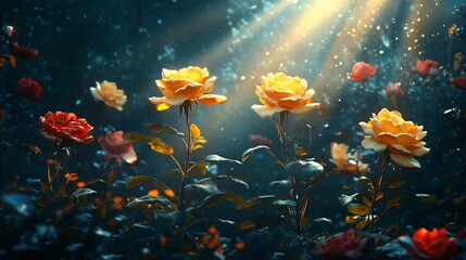 Vibrant Blooming Yellow and Red Rose Flowers with Moonlight Ray