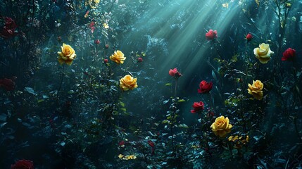 Vibrant Yellow and Red Rose Flowers in Enchanting Garden Setting