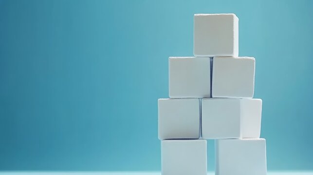 A stack of seven white cubes arranged in a pyramid shape against a blue background