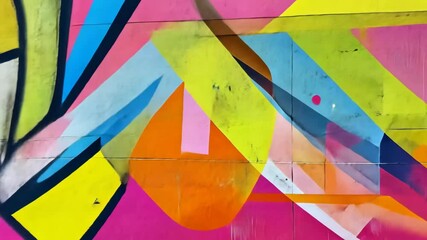 Vibrant street art on concrete wall showcases bold colors and geometric shapes in urban setting - Powered by Adobe