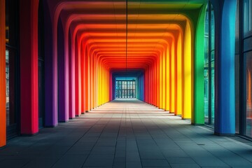 Rainbow Tunnel Pathway, Cityscape in Background, Architectural Design, Perspective