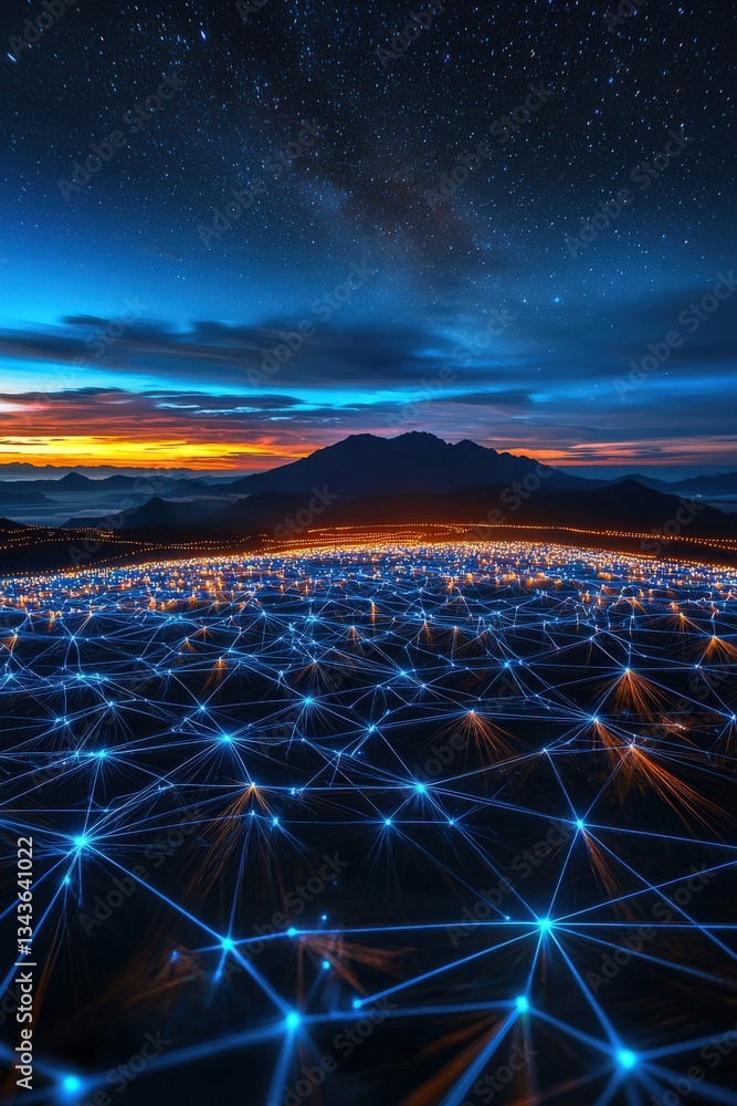 Poster glowing patterns of communication in a starry sky.
