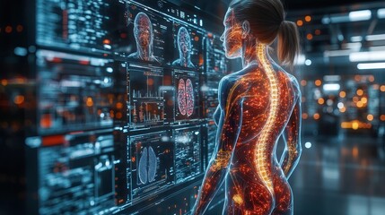 Woman studying anatomical spine data on futuristic interface