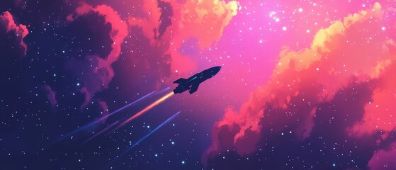 Naklejka premium Rocket soars through starry pink nebula
