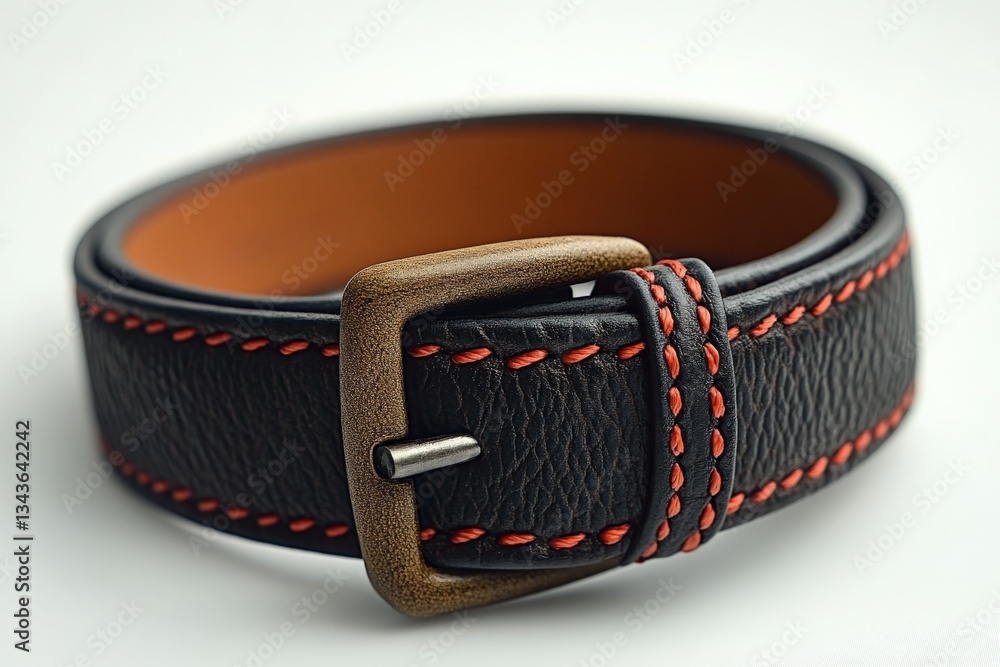 Poster black leather belt with orange stitching displayed against a neutral background highlighting craftsm