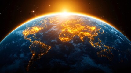 Planet earth rotating in space showing city lights at sunrise