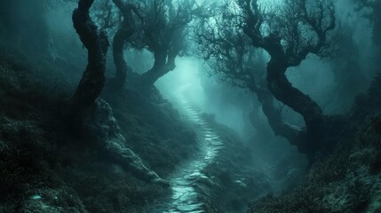 Misty forest path, ancient trees, shrouded in fog, mystical atmosphere