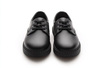 Black leather shoes displayed on a white surface, ideal for formal and casual occasions, showcasing a sleek design