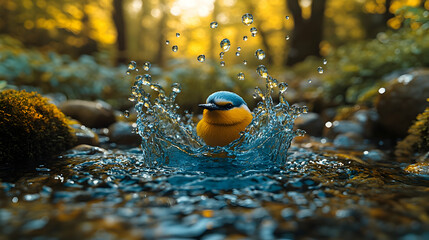 Bird splashing in creek