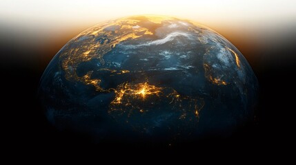 Planet earth rotating in space showing city lights at sunset