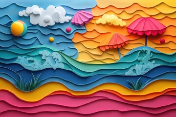 Fototapeta premium Colorful layered beach scene with umbrellas and waves
