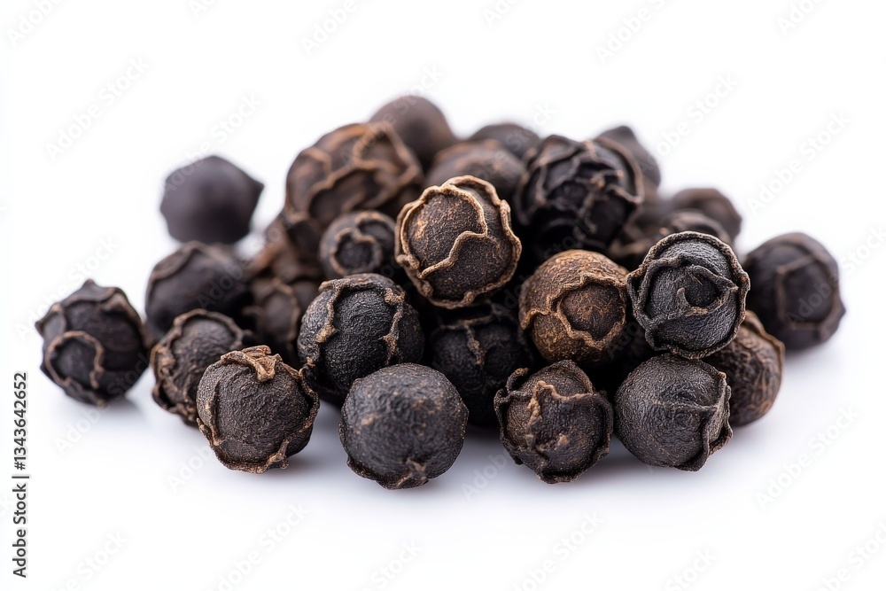 Poster black pepper seeds arranged on a white background with varying shades of brown and black showcasing 