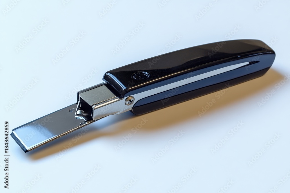 Aufkleber stylish metal and plastic utility knife resting on a clean white surface ready for various tasks