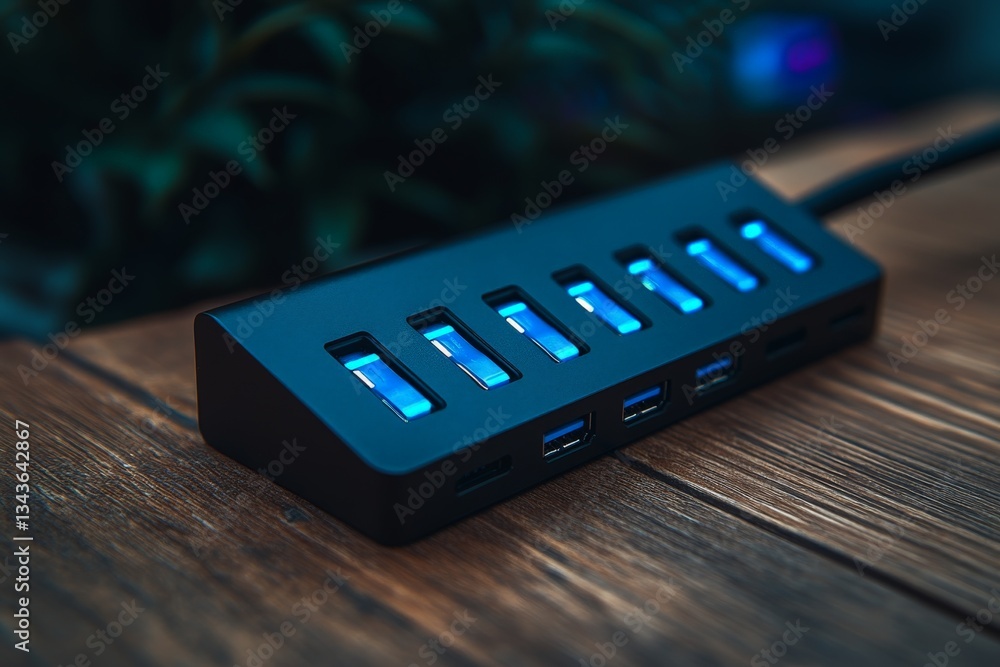 Poster USB hub features multiple ports with glowing LED indicators on a wooden surface at dusk