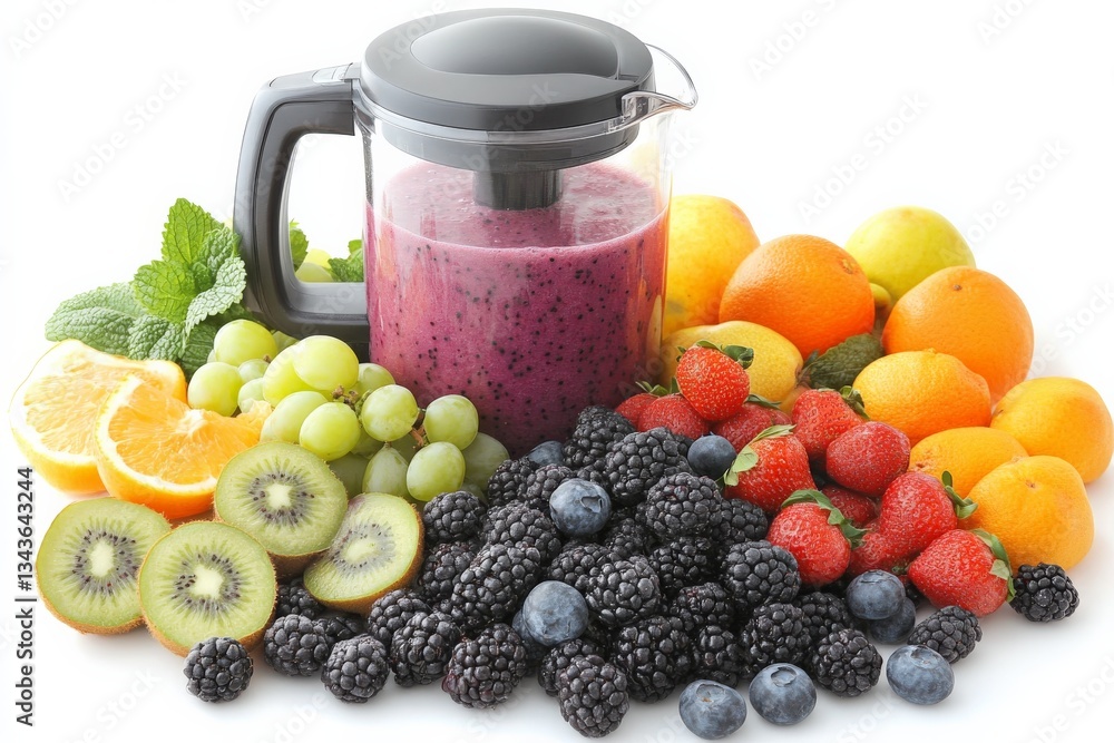 Poster fresh fruit smoothie preparation with a variety of colorful fruits and a blender on a clean surface