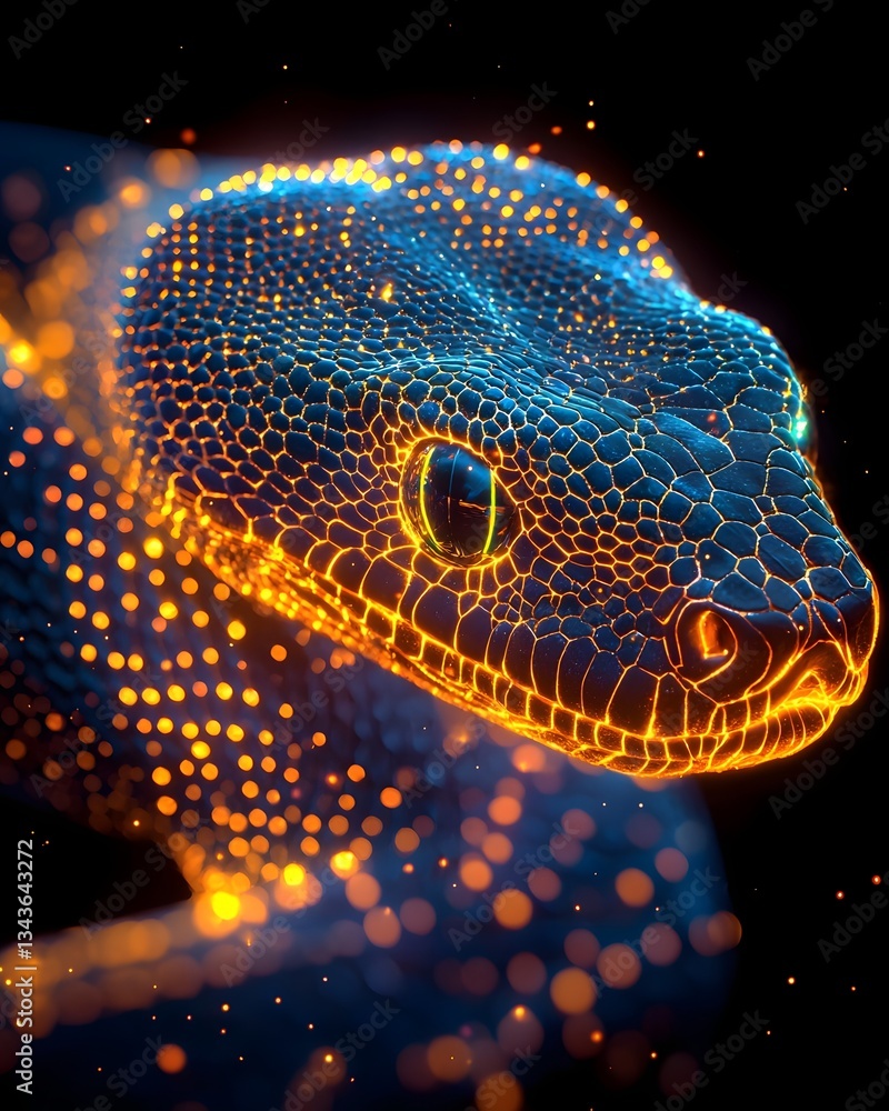 Poster mesmerizing neon snake with glowing scales on a dark background
