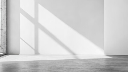 Empty, bright, minimalist room with sunlight shadows