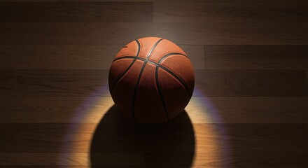 Obraz premium Basketball on wooden floor - Loneliness and sport readiness - Sports content and advertising.