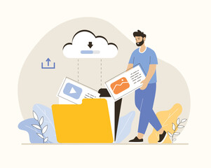 Data storage. Cloud service concept. Man uploaded files to the cloud storage. Flat vector illustration.